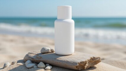 Minimalistic Skincare Product Mockup, White Cosmetic Bottle, Driftwood, Beach Scene, Natural Sunlight, Clean Organic Aesthetic, AI Generated