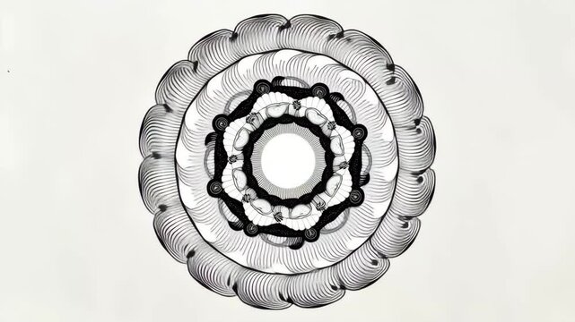 Intricate black and white circular rosette pattern with fine lines on white