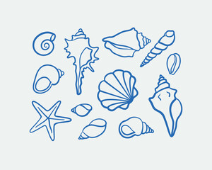 Hand-drawn shell Illustrations. Line art, ink, minimalist style. Vector illustration. Summer collection.