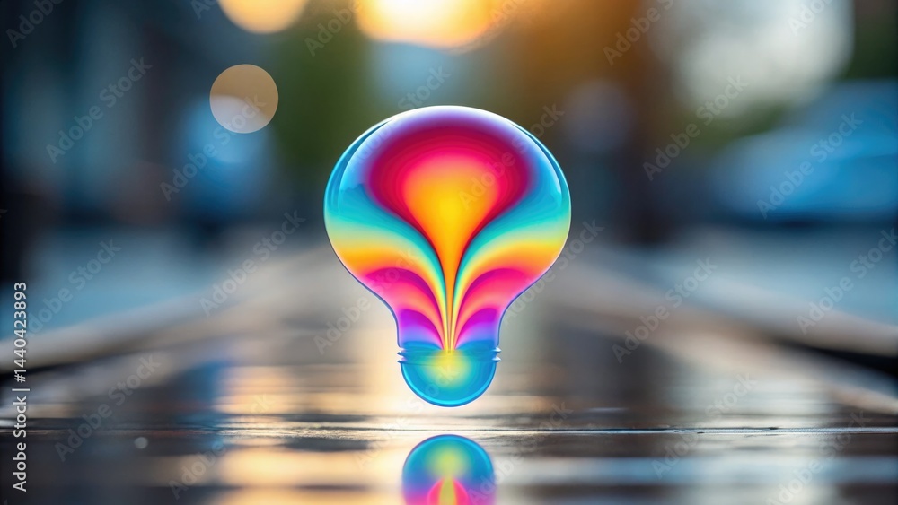 Poster merging floating stylized shapes into innovative idea symbols urban environment digital art high-res