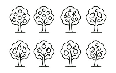 Fruit tree icons set – apple, orange, cherry, lemon, pear, pomegranate, plum, mango