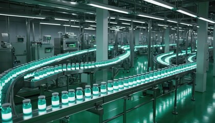 Fototapeta premium Automated Pharmaceutical Production Line Bottles Moving Along Conveyor Belt in Modern Factory