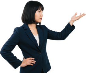 Confident Asian Businesswoman Presenting with Open Palm and Hand on Hip