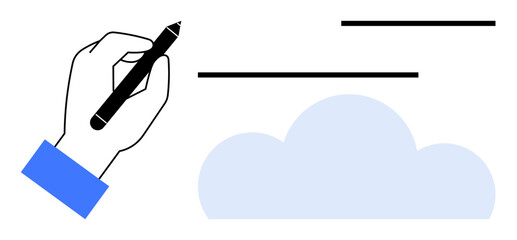 Hand holding pen draws sleek lines under a soft cloud, symbolizing ideas, innovation, creativity, and connection. Ideal for productivity, writing, design, brainstorming cloud computing digital art