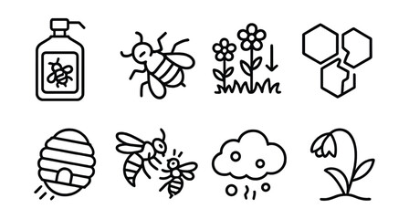 Beekeeping and nature icons set – honey, bee, flower, hive, pollen