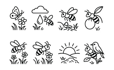 Nature and insects icons set – butterfly, bees, flowers, sun, bird, cloud, raindrop