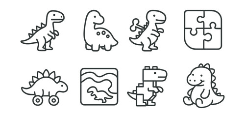 Fototapeta premium Cute dinosaur icons set – cartoon, puzzle, wheels, toy, baby, line art