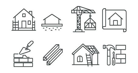 Fototapeta premium Construction elements icons set – house, blueprint, crane, bricks, tools, hammer, scaffold