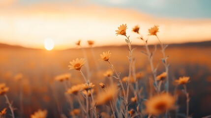 Glowing Sunflower Field at Serene Sunset in Countryside Landscape