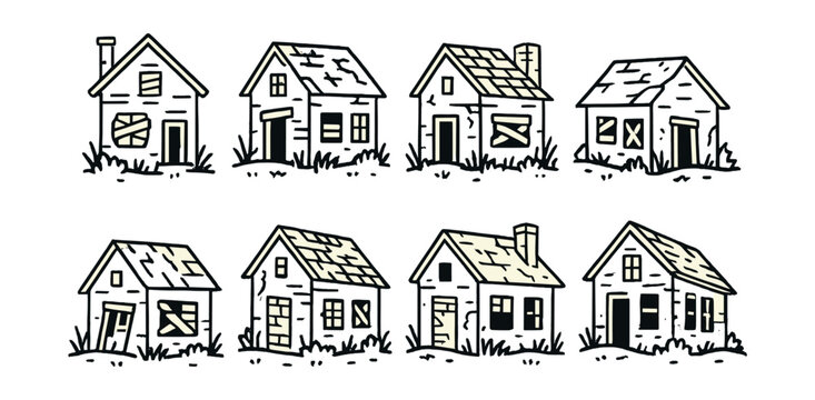 Deteriorated house icons set &ndash; abandoned, vintage, shabby, rustic, aged, old, weathered