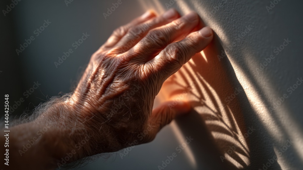 Aufkleber a gentle hand reaches out towards a textured wall, fingertips just grazing its surface. sunlight fil