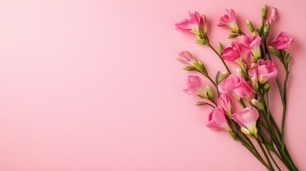 Obraz premium Delicate Freesia Flower Bouquet Composition on Pastel Pink Background