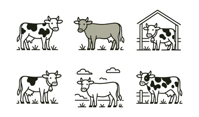 Obraz premium Farm animal icon set – cows, barn, pasture, grazing, livestock, dairy, agriculture, ranch