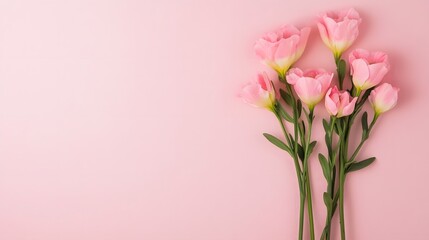 Fototapeta premium Elegant Freesia Flower Bouquet on Pastel Pink Background in Minimalist Composition