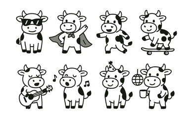 Playful cow icons set - superhero, musician, skateboarding, party