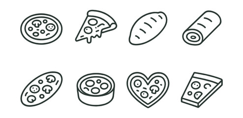 Pizza and bread icon set &ndash; slice, whole, roll, heart, basket