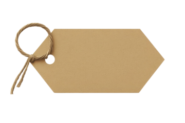 Blank cardboard price tag or label with thread isolated white background. PNG