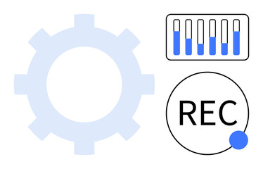 Gear shape, mixer panel with levels, and recording button. Ideal for audio control, recording studio, system settings, data management, productivity, workflow simple landing page