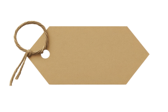 Blank cardboard price tag or label with thread isolated white background. PNG