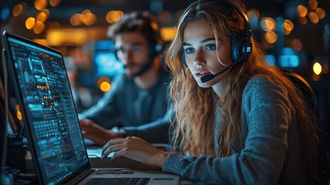 Two people work at computers with headsets in a dimly lit office.