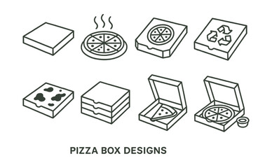 Pizza box design icons set – open, closed, slice, recycling, triple stack, sauce