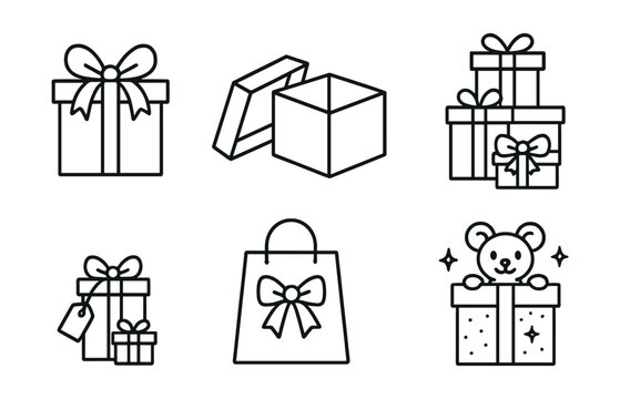 Gift and celebration icons set – presents, boxes, bags, ribbons, teddy bear
