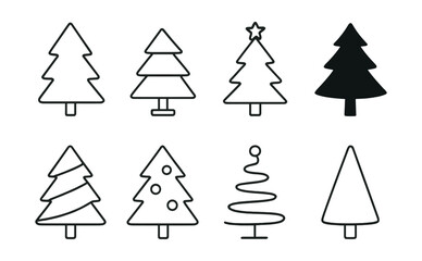 Christmas tree icons set – festive, holiday, pine, star, decorations, simple, creative, outline, stylized