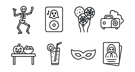 Halloween celebration icons set – skeleton, ghost, balloons, pumpkins, juice, mask, party