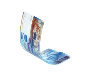 Flying one hundred Swiss Franc note, isolated