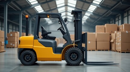 Interior of warehouse dock load cargo electric forklift pallet jack with large shipment goods pallet. Creative Banner. Copyspace image