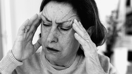 Elderly woman struggling with severe headache, massaging temples with visible concentration. Facial...