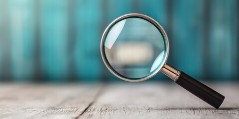 legal contract risk management concept. Magnifying glass resting on a wooden surface with a blurred background.