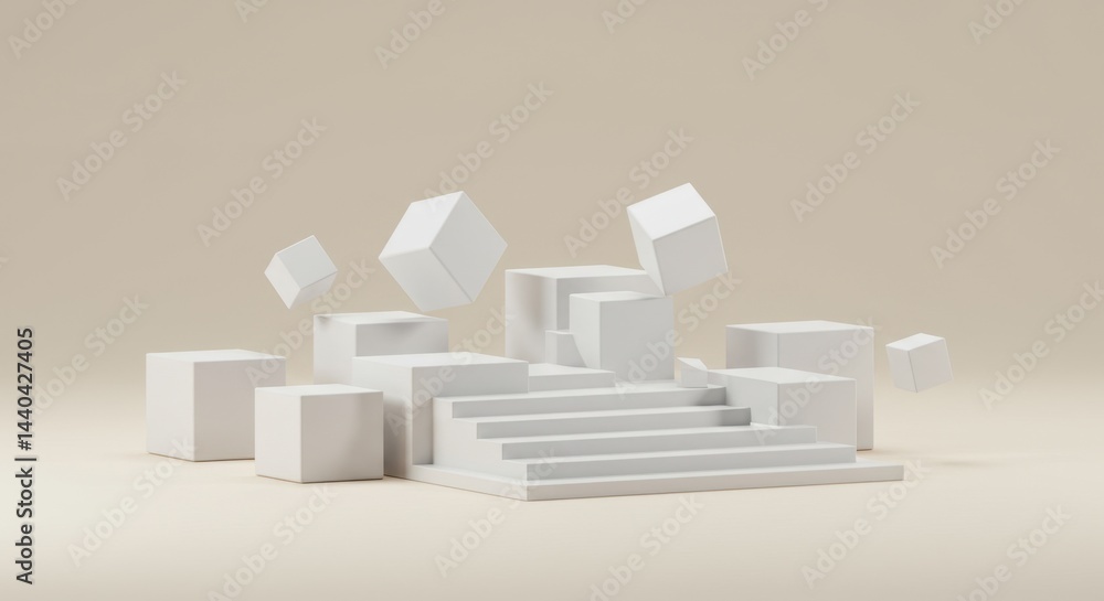 Poster abstract 3d render of floating white cubes and geometric stairs on beige background minimalist moder