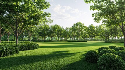 Fototapeta premium Open park landscape with wide green lawns, bushes, and sparse trees on white background.