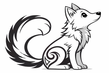Obraz premium Adorable Cartoon Fox Illustration Tribal Design, Fluffy Tail, Sitting Pose, Black and White