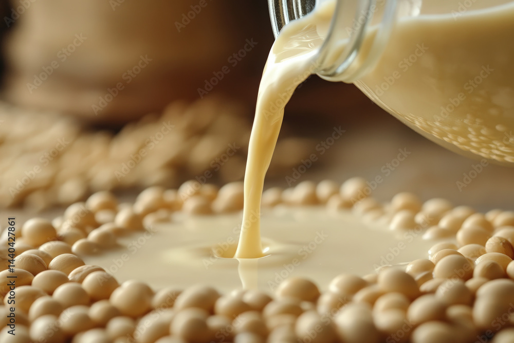 Poster soy milk pouring on soybeans. soy milk being poured into a circle of soybeans. the creamy liquid flo