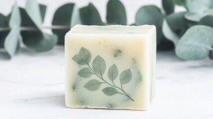 Eucalyptus Soap Bar on Marble with Fresh Leaves, Aromatherapy , Skincare