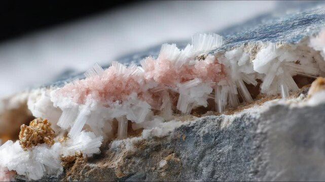 Beautiful mineral formation with delicate pink and white crystals on a rocky surface found in nature