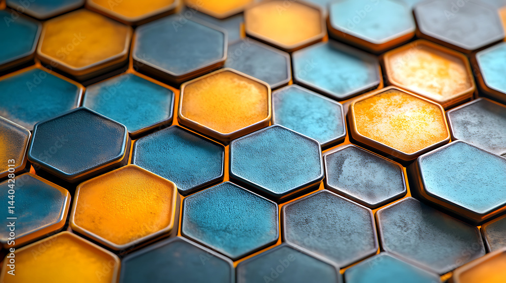 Poster abstract background of interconnected hexagons in blue gold and gray colors seamless geometric patte