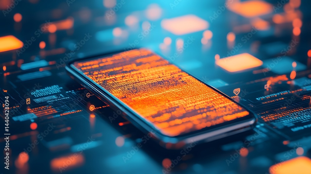 Poster futuristic smartphone immersed in vibrant digital landscape with floating app icons and data particl