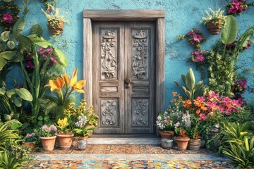 Ornate wooden door in a vibrant tropical garden.