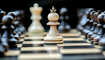 Close-up of a wooden chess board with diverse pieces, including a crowned king, in a focused and concentrated setting
