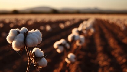 Cotton Plant Close-Up in Field with White Fluffy Blooms, Serene Sunset Glow, Barren Landscape and Distant Mountains