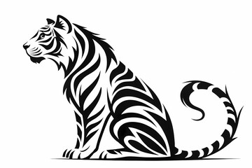 Majestic Tribal Tiger Illustration Black and White Sitting Tiger Design, Perfect for Tattoos, Prints, and More