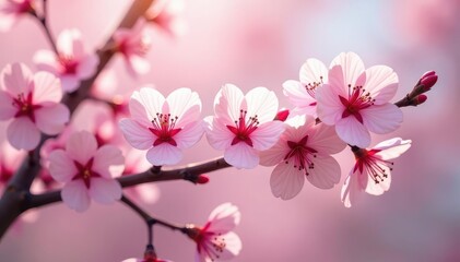 Delicate pink sakura blossoms, full bloom, soft petals , design, pink floral pattern, branch