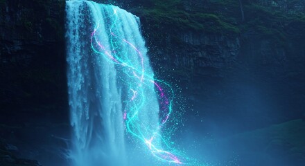 Glowing Blue Waterfall at Night with Magical Particles