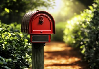 Serene garden scene with red metal mailbox on wooden post, 'Duluth' plaque, blurred background of pathway with sunlight glow