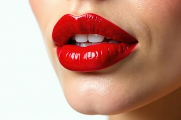 Fototapeta premium Close-up vibrant red lips, pristine white backdrop, lipstick, texture