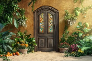 Fototapeta premium Warm, decorative door with vibrant stained glass.
