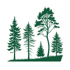 Fototapeta premium A set of stylized evergreen tree silhouettes, each with a unique shape and outline, arranged in two rows of five trees. The trees are solid green with no outlines or details, on a white background.